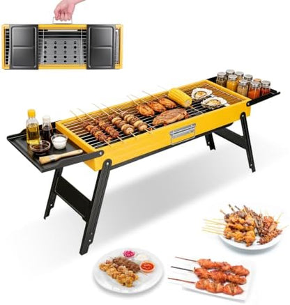 Portable Charcoal Grill, Small Stainless Steel Camping Tabletop BBQ Grill with Foldable Side Shelves, Compact Tabletop Barbecue with Carry Handle for Outdoor Picnic Backyard Beach Travel