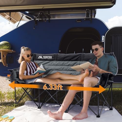 Huskfirm 3 Person Camping Chairs Folding Double Camp Chair for Adults Black