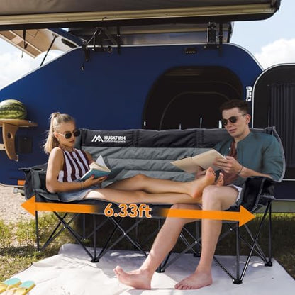 Huskfirm 3 Person Camping Chairs Folding Double Camp Chair for Adults Black