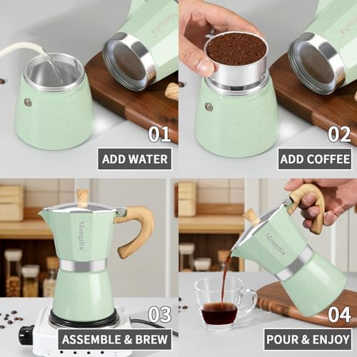 Mongdio Stovetop Espresso Maker Moka Pot, Cuban Coffee Maker Stove top coffee maker Moka Italian Espresso Greca Coffee Maker Brewer Percolator, 9 Espresso Cups, 15 oz - Green