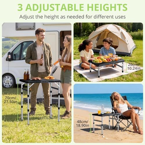 2ft Plastic Folding Table, 3 Adjustable Height Waterproof Small Folding Camping Table Lightweight & Portable with Carry Handle, for Indoor Outdoor RV Travel Picnic Beach, 22.8" X 15.7", Black