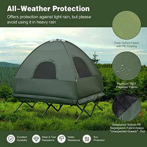 DORTALA 2-Person Tent Cot, Foldable Elevated Camping Tent w/Air Mattress & Sleeping Bag, Portable Dome Camping Tent Cot for Hiking, Camping & Picnic