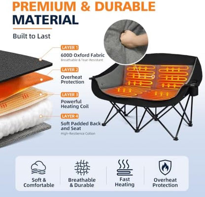 Heated Double Camping Chair - Oversized Padded Loveseat for Adults