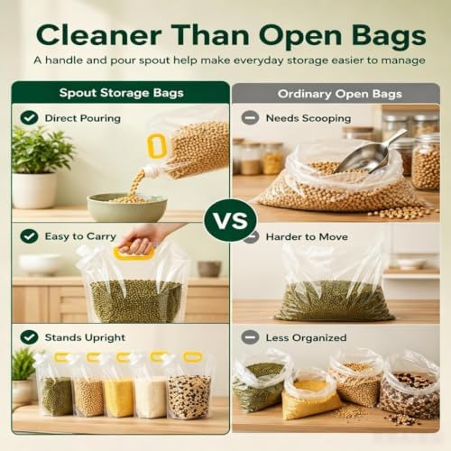 Airtight Grain Storage Bags with Handle, 5 Pack Large Capacity Cereal Containers Storage, Moisture-Proof Stand-Up Dry Food Pouches, Reusable Rice Sealed Container for Kitchen & Pantry (5PCS, 1.5)