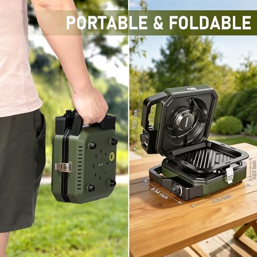 WINKIZA 304 Stainless 2 Burner Propane Camping Stove with Dual-outlet Gas Hose，Portable Floding Propane Camp Stoves with 24000BTU，Camping Essentials Gear Includes Frying Pan, Stand,Clip & Carry Bag