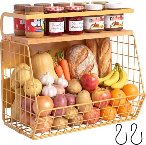 Magnetic Shelf for Fridge with Wood Lid, Fruit Potato and Onion Storage Bins, Pantry Organizers & Storage, Large Container Magnetic Spice Rack for Refrigerator, Kitchen Counter, Cabinet (Yellow, 1)
