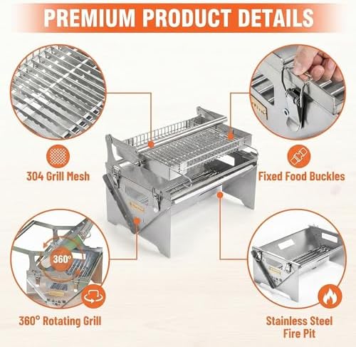 Portable 360° Rotating Charcoal Grill with Flipping Basket, Stainless Steel Flip BBQ Grill for Camping & Outdoor, Easy to Clean Detachable Design, New Upgrade