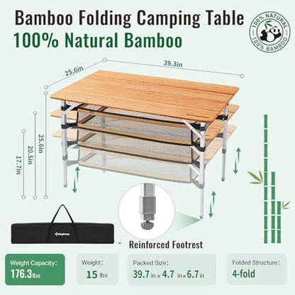 KingCamp Adjustable Height Bamboo Folding Camping Table with Storage