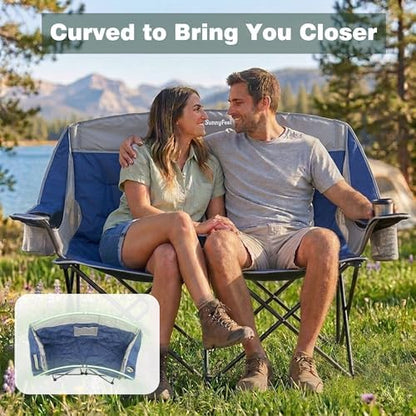 SunnyFeel Double Camping Loveseat Chair, Blue-Cooler, Foldable, Portable, Space Saving, Side Pocket, Cup Holders