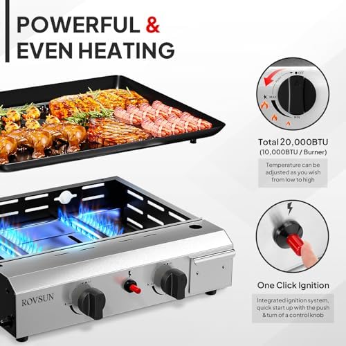 ROVSUN 2 Burner Portable Propane Griddle with Electronic Ignition, 20000 BTU Rolling Flat Top Gas Grill with Nonstick Enameled Tray, Side Shelves & Regulator for Outdoor Cooking Camping BBQ Tailgating