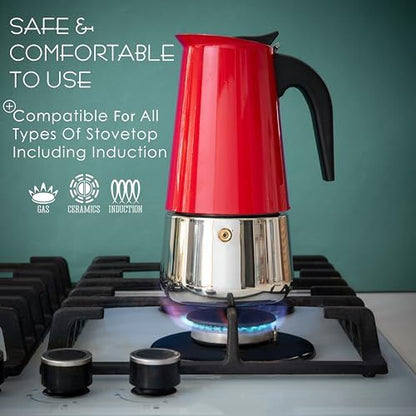 Mixpresso 6 Cup Greca Moka Pot Red Stainless Steel Stovetop Espresso Maker