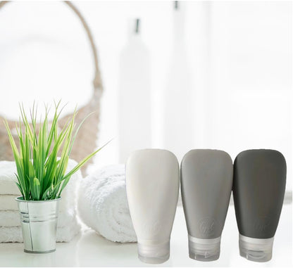 Travel Bottles for Toiletries, TSA Approved 3oz Leak Proof Silicone Refillable Squeeze Travel Size Containers BPA Free for Cleansers, Lotions, Shampoo 3-pk (Black-Gray-White)