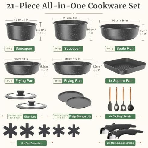 YASHE 21Pcs Nonstick Pots and Pans Set with Removable Handles, Oven Safe
