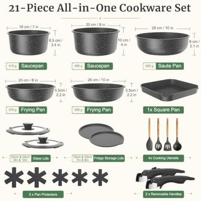YASHE 21Pcs Nonstick Pots and Pans Set with Removable Handles, Oven Safe