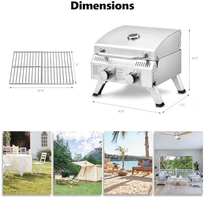 ROVSUN 20000 BTU Stainless Steel Propane Gas Grill with Ignition, 2 Burner Portable Tabletop Grill with Folding Legs & Lockable Lid for Outdoor Patio Garden BBQ Picnic RV Tailgating Camping Cooking