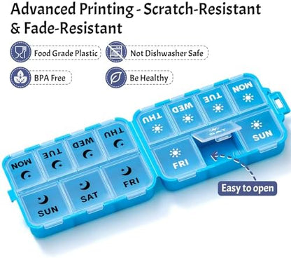 Foldable Portable 7 Day Pill Organizer 2 Times a Day, AM PM Weekly Pill Box