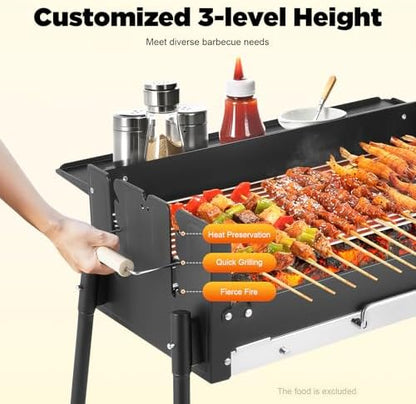 Portable Charcoal Grill, Folding BBQ Grill with 3 Adjustable Height Levels & Side Table, Stainless Steel & Iron Outdoor Grill for Camping, Tailgating, Backyard, Picnic, Fits 3-8 People 25.79" x 11.42"