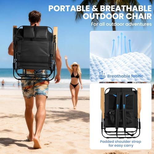 2 Pack Premium 5-Position Reclining Camping Chair - Portable Folding Lightweight Outdoor Chair with Wooden Armrests, Headrest & Pockets, 350lbs Heavy Duty for Beach, Patio, Backyard, Black