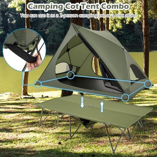 Tangkula 2 in 1 Tent Cot, 2-Person Portable Off-Ground Elevated Camping Tent with Cot, Removable Rainfly, Wheeled Bag, Stakes & Wind Ropes for Outdoor Hiking, Picnic, Travel