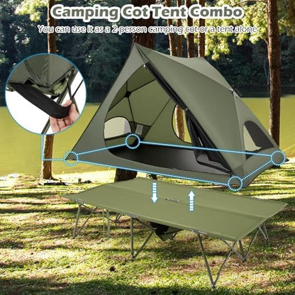 Tangkula 2 in 1 Tent Cot, 2-Person Portable Off-Ground Elevated Camping Tent with Cot, Removable Rainfly, Wheeled Bag, Stakes & Wind Ropes for Outdoor Hiking, Picnic, Travel