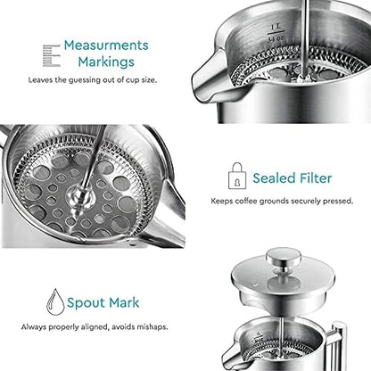 Belwares French Press Coffee Maker - Large 50oz 6-Cup, 304 Stainless Steel Coffee Press, Double Wall Insulated Heat Retention, 4-Level Filtration for Smooth Ground-Free Coffee, 2 Extra Filters, Silver