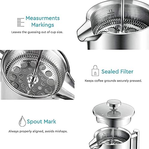 French Press Coffee Maker 34oz - 304 Stainless Steel Coffee Press, Double Wall Insulated Thermal French Press with 4-Level Filtration, 2 Extra Filters, Rust Resistant, Dishwasher Safe, 1 Liter Silver