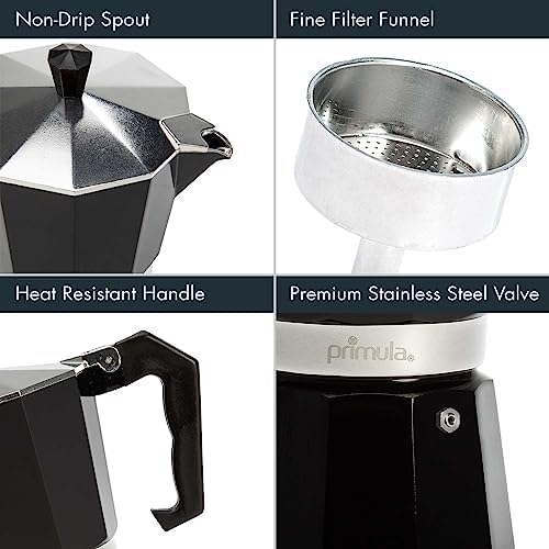 Primula Classic Moka Pot Stovetop Espresso and Coffee Maker, Italian and Cuban Cafetera for Rich Espresso Brewing, Durable Aluminum Greca Coffee Maker with Easy Grip Handle, 6-Cup, Black