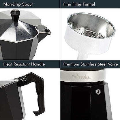 Primula Classic Moka Pot Stovetop Espresso and Coffee Maker, Italian and Cuban Cafetera for Rich Espresso Brewing, Durable Aluminum Greca Coffee Maker with Easy Grip Handle, 6-Cup, Black