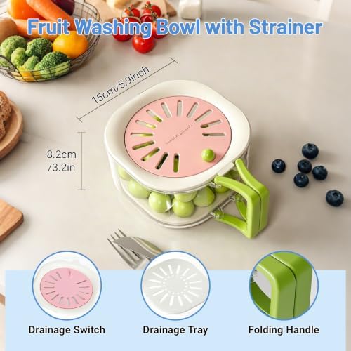 Berry Washing Bowl, Colander Strainer Fridge Organizer Storage Container with Switchable Lid, Fruit Veggie Wash Basket and Draining Bowl, Multifunctional Produce Washer for Kitchen Fridge