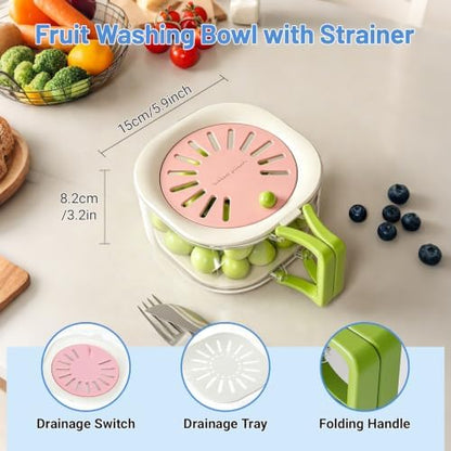 Berry Washing Bowl, Colander Strainer Fridge Organizer Storage Container with Switchable Lid, Fruit Veggie Wash Basket and Draining Bowl, Multifunctional Produce Washer for Kitchen Fridge