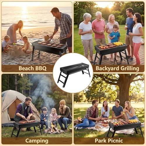 Portable Charcoal Grill, Portable Tabletop BBQ for Outdoor Cooking | Compact Folding Grill for Camping, Hiking, Picnics & Travel | 24”x13”x9” Lightweight Smoky Flavor Grill