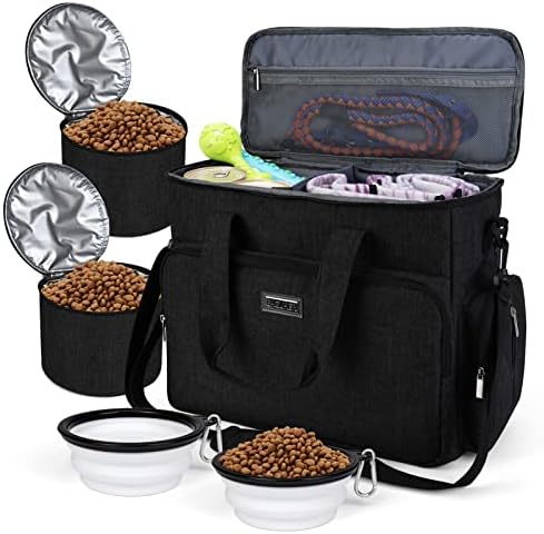 BAGLHER Dog Travel Bag, Airline Approved Pet Tote Organizer with Multi-Function Pockets, 2 X Food Storage Containers and 2 X Collapsible Bowls, Perfect Weekend Pet Travel Set for Dog, Cat Black