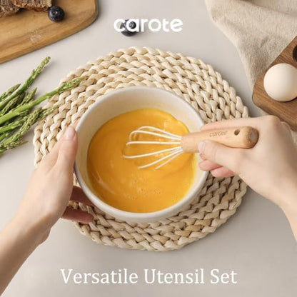 CAROTE 10-Piece Kitchen Utensils Set with Wood Cool-Touch Handles, Cream