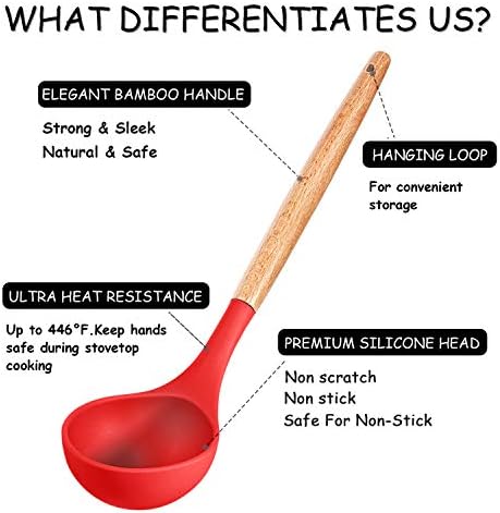 MIBOTE Silicone Cooking Kitchen Utensils Set, Wooden Handle, Red