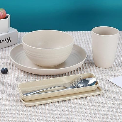 28PCS Wheat Straw Dinnerware Sets for 4, Kitchen Wheat Straw Plates and Bowls Sets, College Dorm Dinnerware Dishes Set for 4 with Cutlery Set (Black)