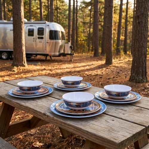 12-Piece Melamine Dinnerware Set for 4, Camping Dishes with Bear Design