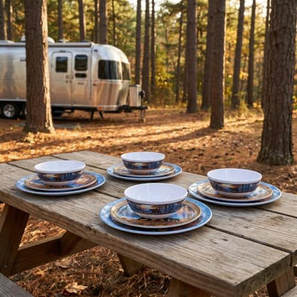 12-Piece Melamine Dinnerware Set for 4, Camping Dishes with Bear Design