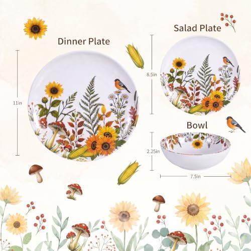 12-Piece Melamine Dinnerware - Sunflower Bird Plates and Bowls Set