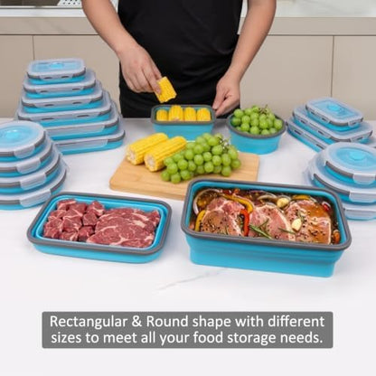 Collapsible Food Storage Containers with Lids 10 Pack(81oz/58oz Extra Large Included), 6 Rectangular+4 Round, Annaklin Silicone Collapsible Food Containers Sets Microwave Freezer Dishwasher Safe, Blue