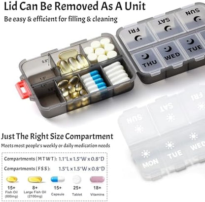 Foldable Portable 7 Day Pill Organizer 2 Times a Day, AM PM Weekly Pill Box