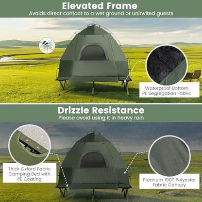 Goplus Camping Tent Cot, 5-in-1 Folding Camping Bed with Air Mattress, Pillow, Sleeping Bag, Waterproof Elevated Tent Shelter, Portable Outdoor Sleeping Cot with Carry Bag for Picnic, Trip