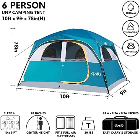 UNP 6 Person Tents for Camping Waterproof Family Cabin Tent with Rainfly