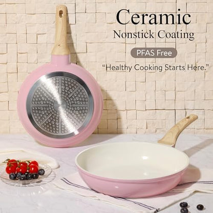 CAROTE 21pcs Ceramic Cookware Set, Pots and Pans Set, Pink