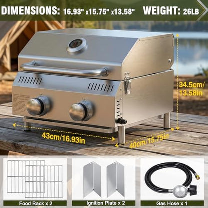 Bestfire Tabletop 2-Burner Gas Grill, 20,000 BTU Stainless Steel Portable Propane Grill, Removable Legs, Push-Button Ignition, Thermometer, for Outdoor Patio, Camping, Tailgating & RV
