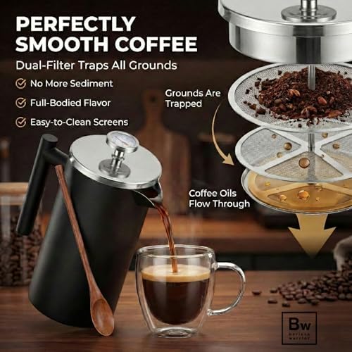 Barista Warrior French Press Coffee Maker - Double-Wall Stainless Steel Insulated French Press with Built-In Thermometer, Dual Filters Coffee Maker with Wooden Spoon - Black