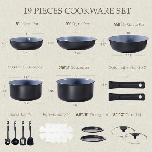 CAROTE 19pcs Ceramic Cookware Set Detachable Handle,Pots and Pans Non Stick