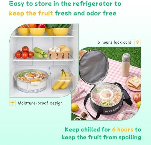 Divided Serving Tray with Lid and Handle, Rounded Snackle Box with 6 Compartments and Chill Base for Fruits, Candy, Veggie, Travel Snack Container with Portable Insulated Bag & Ice Cube Tray & 5 Forks