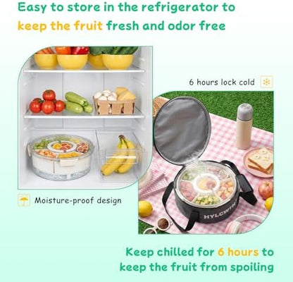 Divided Serving Tray with Lid and Handle, Rounded Snackle Box with 6 Compartments and Chill Base for Fruits, Candy, Veggie, Travel Snack Container with Portable Insulated Bag & Ice Cube Tray & 5 Forks