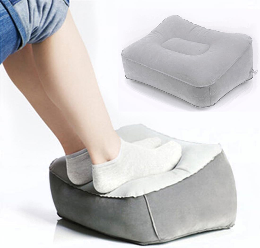 Inflatable Travel Foot Rest Pillow, Head Pad, Soft Flocking Pillow, Flights Relax Cushion Ottomans Leg Up with Air Pump for Office, Home Relax, Camping and Travel Use (Gray) 1PCS
