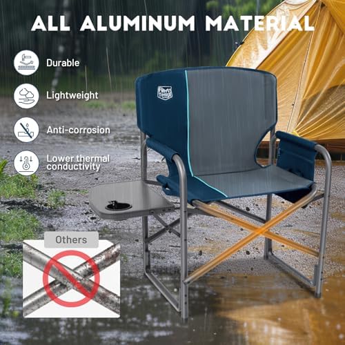 Timber Ridge Aluminum Oversized Camping Chair, Lightweight Portable Directors Chair with Side Table Detachable Side Pocket for Outdoor Camping, Lawn, Picnic, Support 400lbs Blue